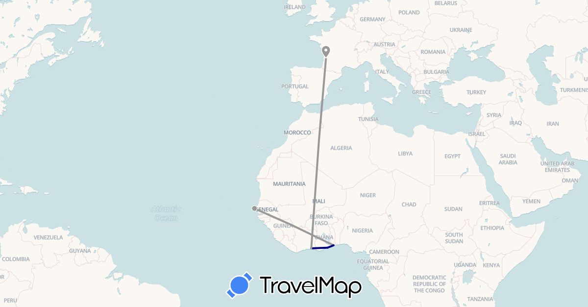 TravelMap itinerary: driving, plane in Côte d'Ivoire, France, Ghana, Senegal, Togo (Africa, Europe)